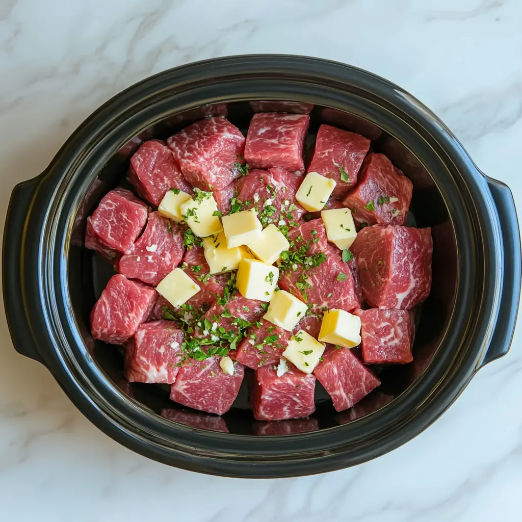 Crockpot Garlic Butter Steak Bites: A Simple, Flavor-Packed Favorite 3 Cubed steak, butter, and herbs in black oval crockpot on white marble