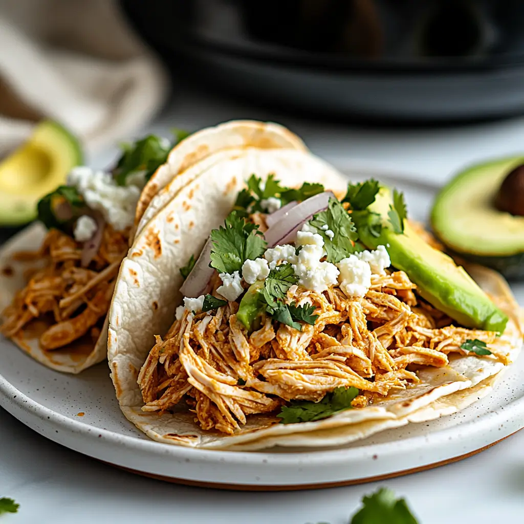 Slow Cooker Shredded Chicken Tacos Recipe: Easy, Juicy & Flavor-Packed 5 shredded chicken tacos with avocado, queso fresco, red onion, and cilantro on a plate