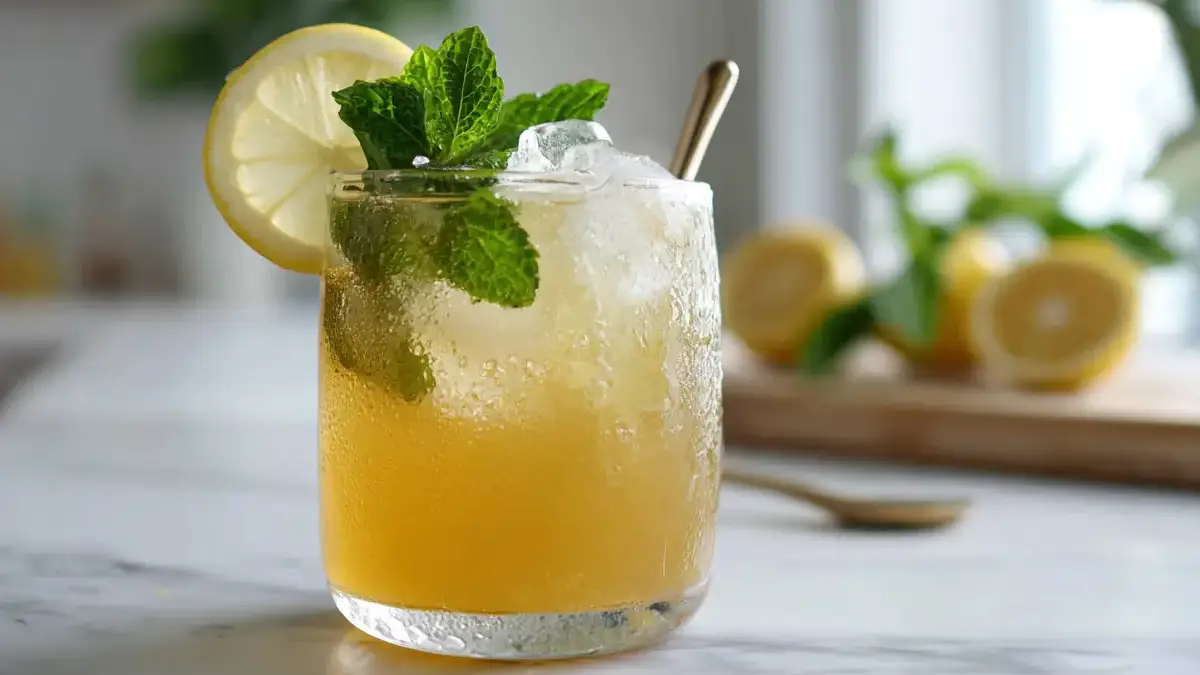 Refreshing Brazilian Mounjaro recipe served over ice with lemon slice and fresh mint on marble counter