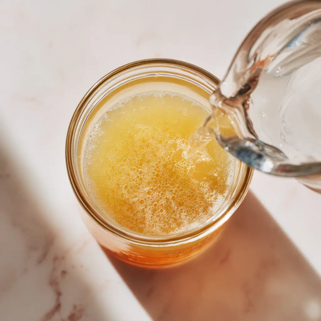 Brazilian Mounjaro Recipe – Powerful 3-Ingredient Wellness Win 3 Pouring warm water into Brazilian Mounjaro recipe drink with lemon, ginger, and vinegar