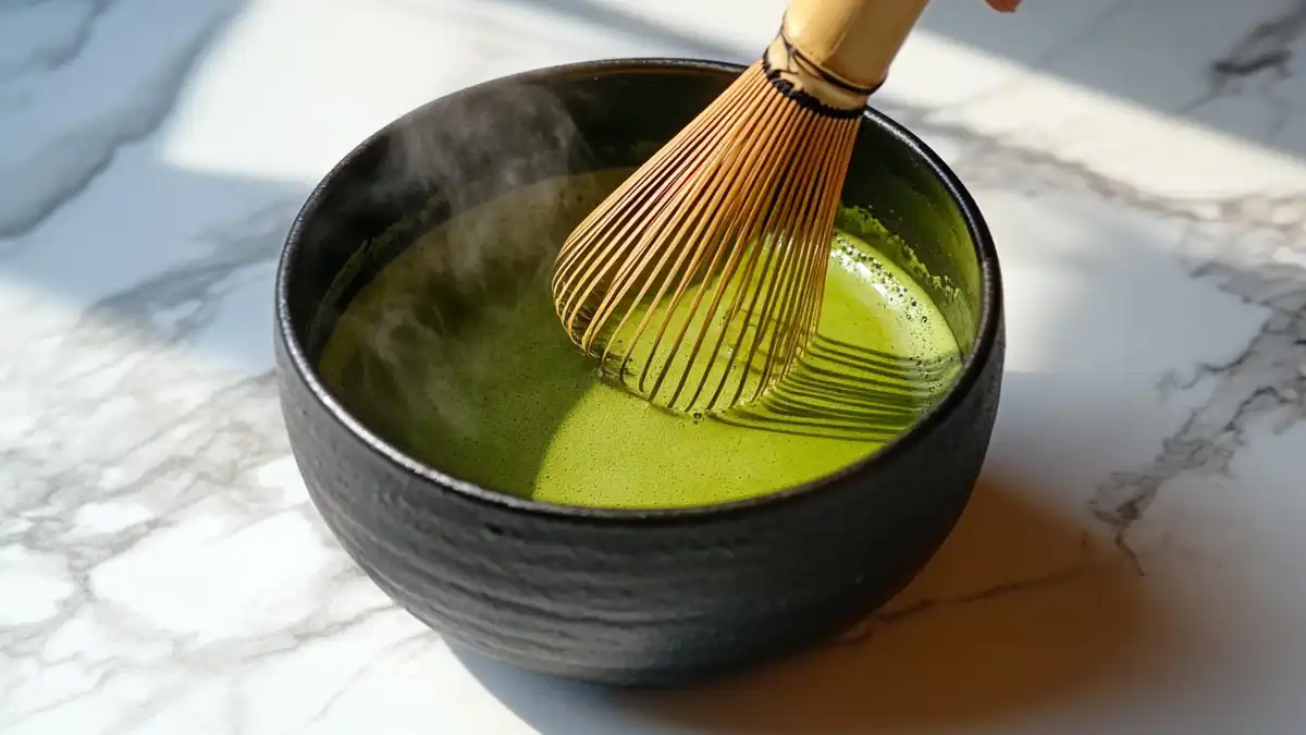 matcha tea benefits. Whisking ceremonial matcha tea in a black bowl on a white marble countertop