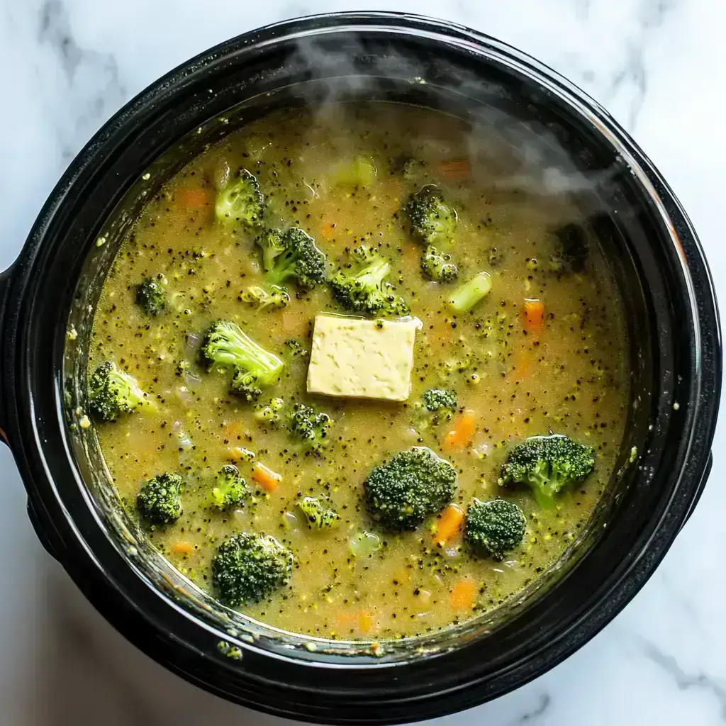 Cheddar and Broccoli Soup Slow Cooker – Cozy, Creamy, and So Easy 3 broccoli soup cooking in black oval slow cooker with cream cheese
