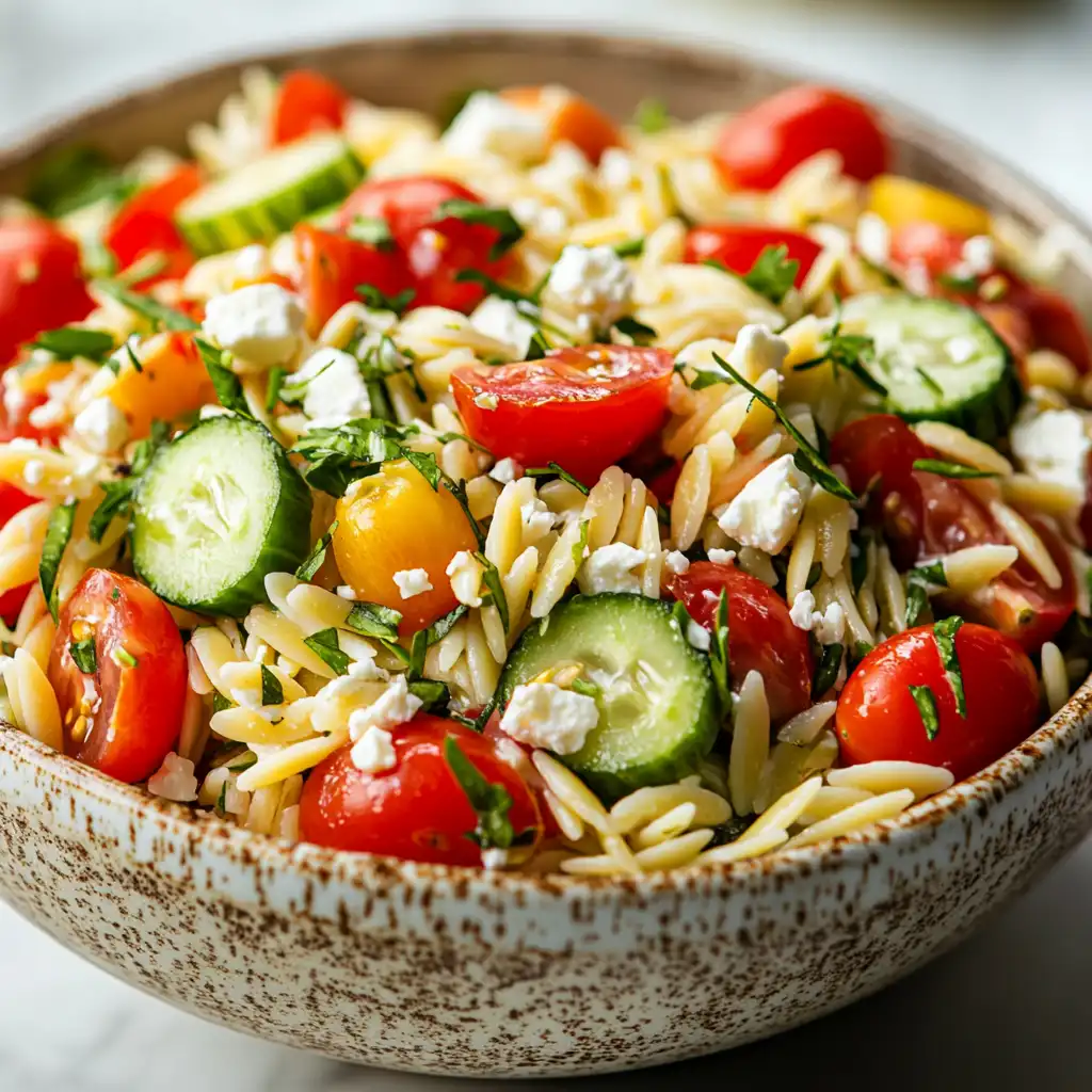 Best Sides & Drinks to Pair with Summer Slow Cooker Meals 2 Cold pasta salad with tomatoes, cucumber, and feta as a slow cooker summer side