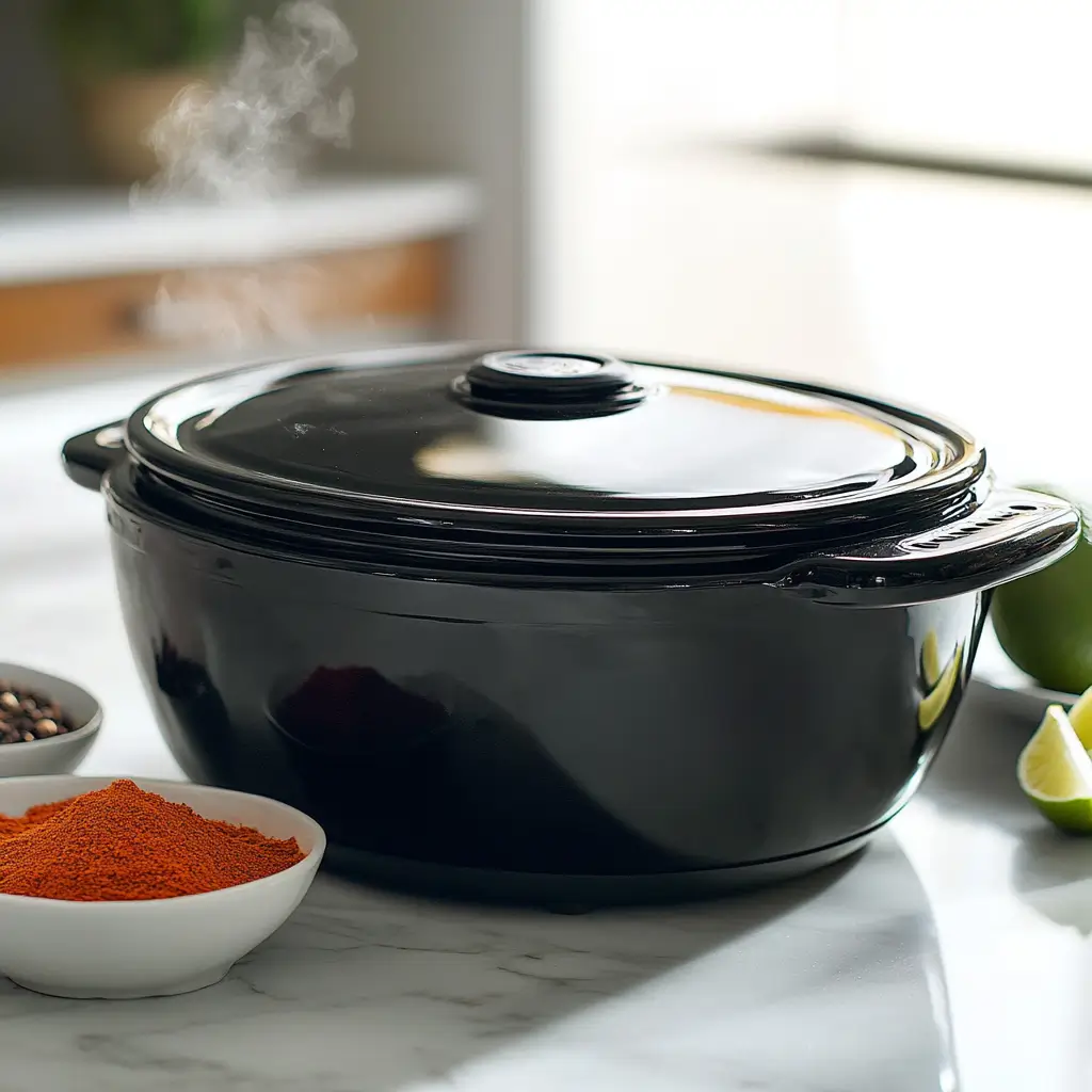 Slow Cooker Shredded Chicken Tacos Recipe: Easy, Juicy & Flavor-Packed 3 Covered Black Ceramic Slow Cooker with Steam Rising