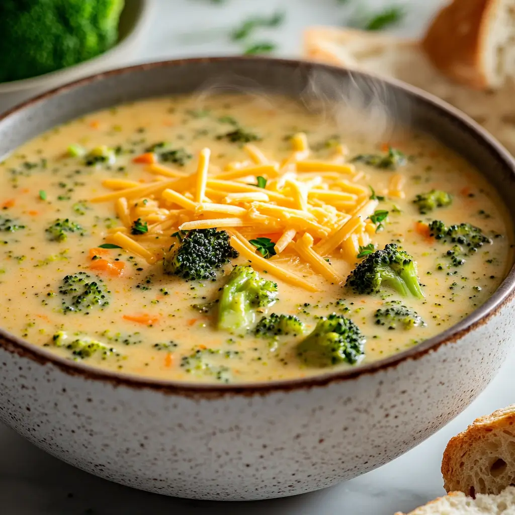 Cheddar and Broccoli Soup Slow Cooker – Cozy, Creamy, and So Easy 5 bowl of cheddar and broccoli soup slow cooker topped with shredded cheddar and served with bread