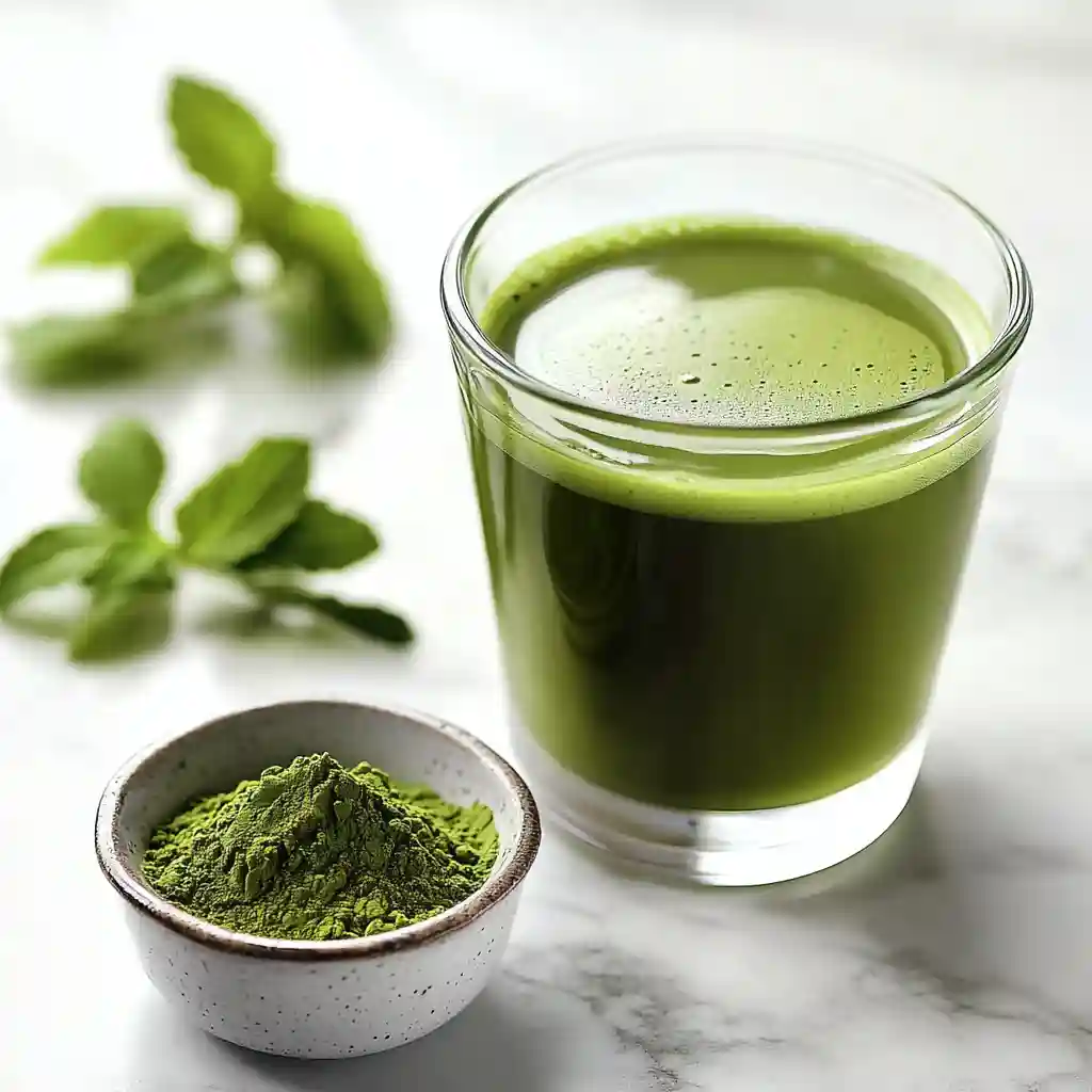 Matcha Tea Benefits: 7 Powerful Health Effects You Need to Know 3 Matcha tea in a glass with matcha powder and mint leaves on white marble