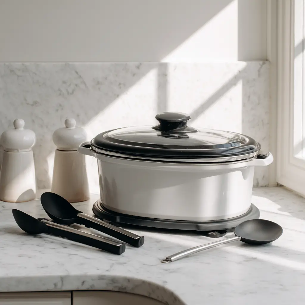 Must-Have Tools for Summer Slow Cooking 4 Slow cooker with silicone utensils on white marble countertop in sunlight