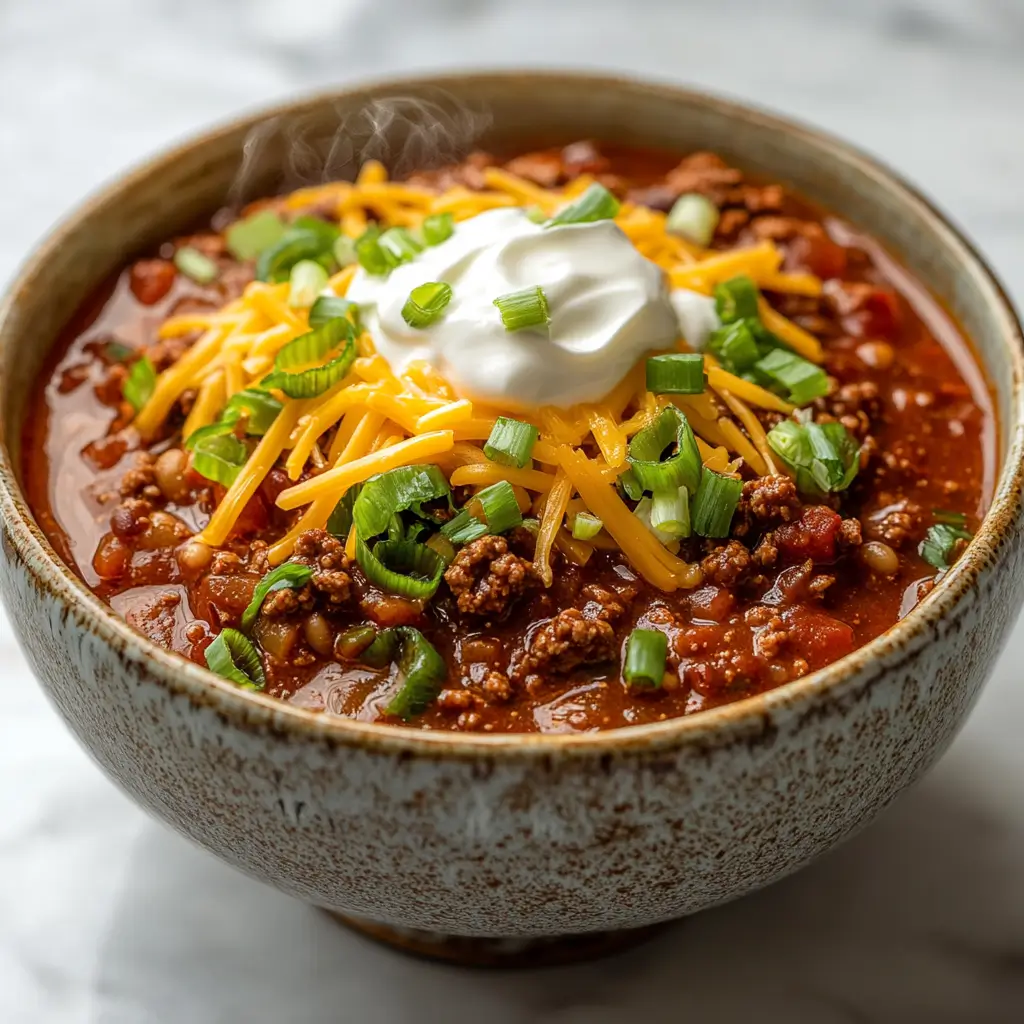No Bean Chili Slow Cooker Recipe – Easy, Hearty & Flavor-Packed 5 close-up of no bean chili in rustic bowl topped with sour cream, cheddar, and green onions. No Bean Chili slow cooker recipe