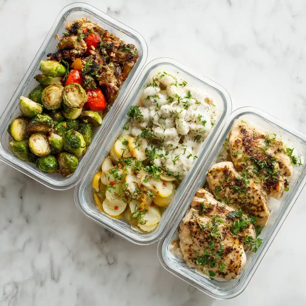 Batch Cooking & Freezer-Friendly Summer Recipes 4 Three glass containers filled with summer batch-cooked meals including roasted Brussels sprouts, creamy pasta, and grilled chicken on a marble countertop