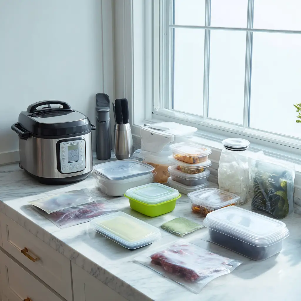 Batch Cooking & Freezer-Friendly Summer Recipes 3 Batch cooking and freezer-friendly summer meals packed in labeled containers on a white marble countertop next to a pressure cooker