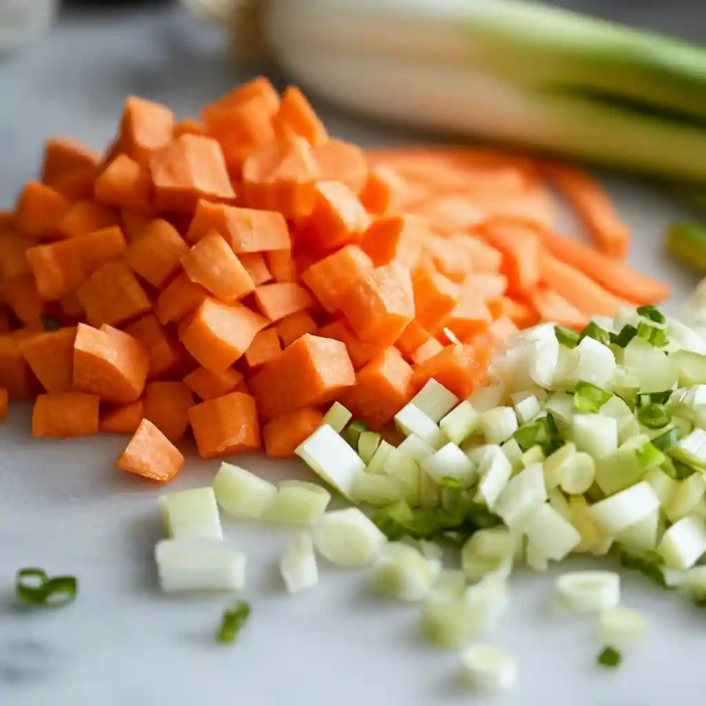 Low FODMAP Easy Peasy Beef Stew (Slow Cooker Friendly) 3 close-up of diced carrots and green leek tops for low FODMAP beef stew