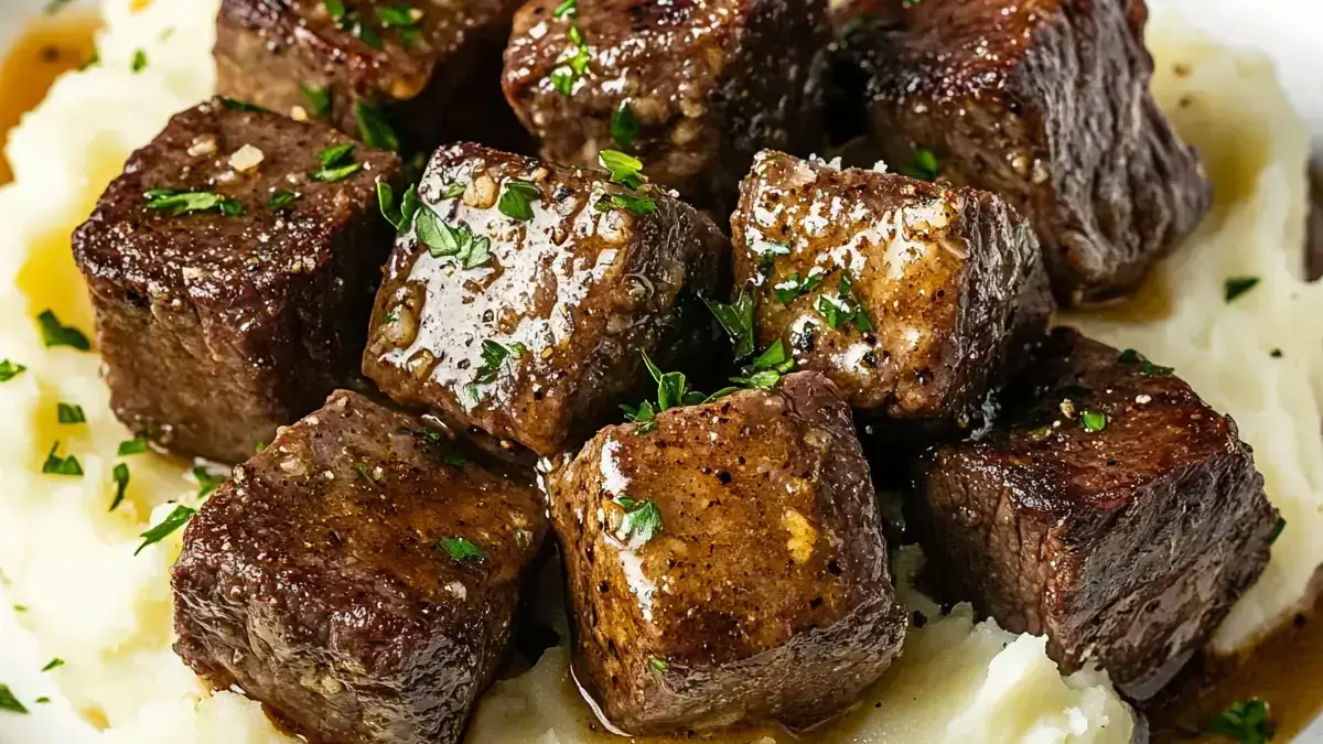 Crockpot garlic butter steak bites served over mashed potatoes