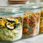 Close-up of summer batch cooking meals stored in glass jars with grilled zucchini, corn, mashed potatoes, quinoa, and vegetables on a white marble countertop