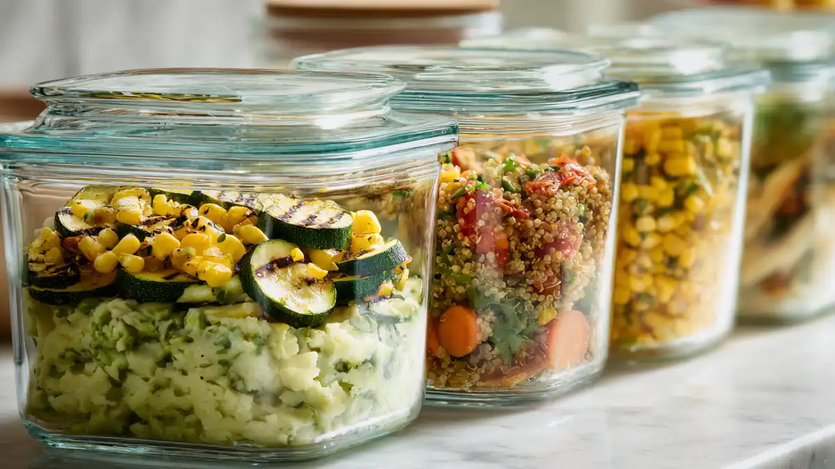 Close-up of summer batch cooking meals stored in glass jars with grilled zucchini, corn, mashed potatoes, quinoa, and vegetables on a white marble countertop