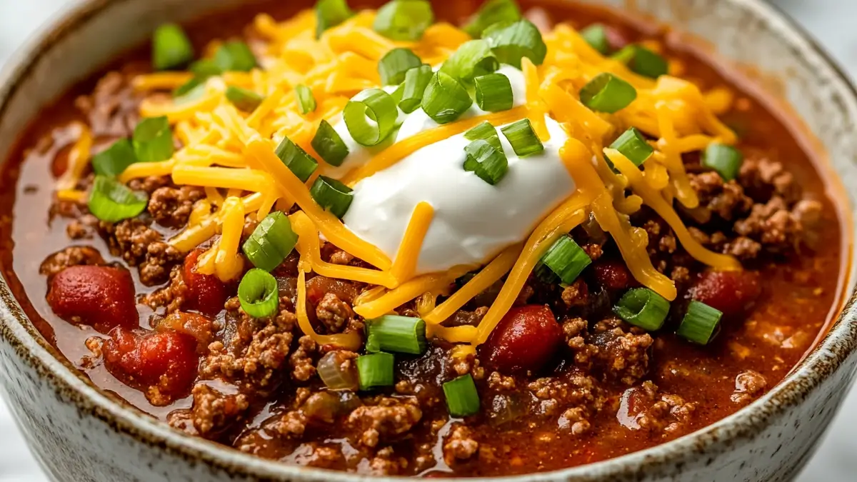 close-up of no bean chili slow cooker recipe with sour cream, cheddar, and green onions