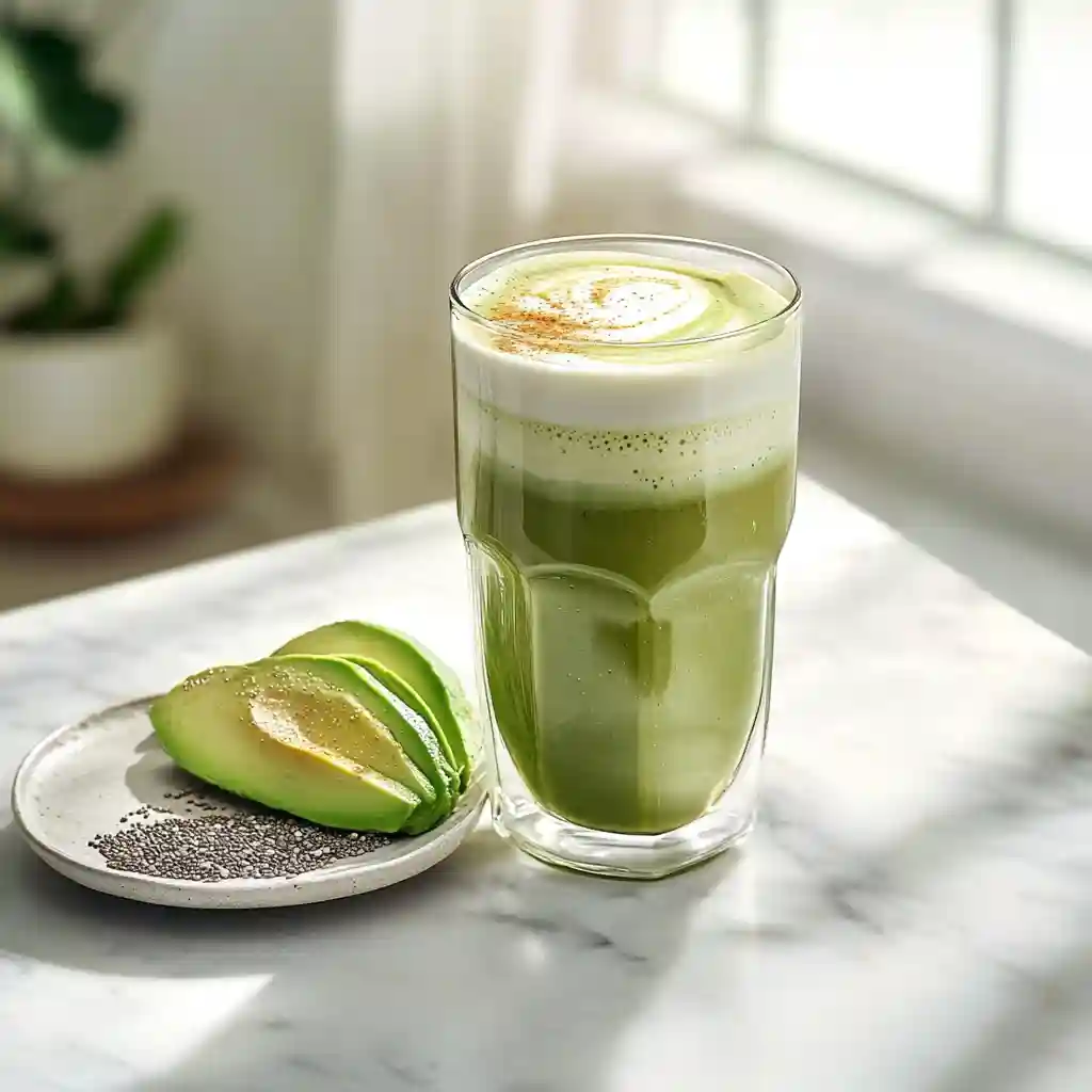 Matcha Tea Benefits: 7 Powerful Health Effects You Need to Know 4 Matcha latte with avocado slices and chia seeds on a white marble surface