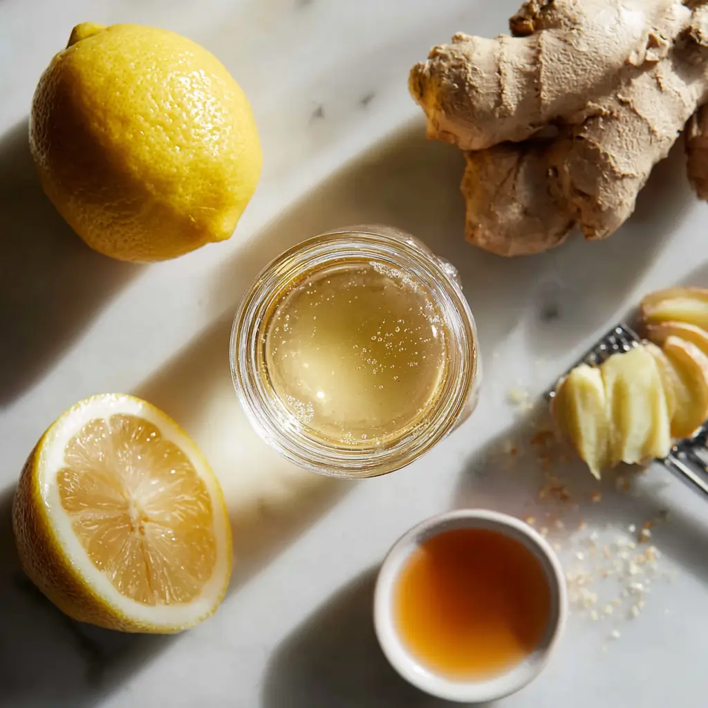 Brazilian Mounjaro Recipe – Powerful 3-Ingredient Wellness Win 2 Brazilian Mounjaro recipe ingredients including lemon, ginger, and apple cider vinegar on marble surface