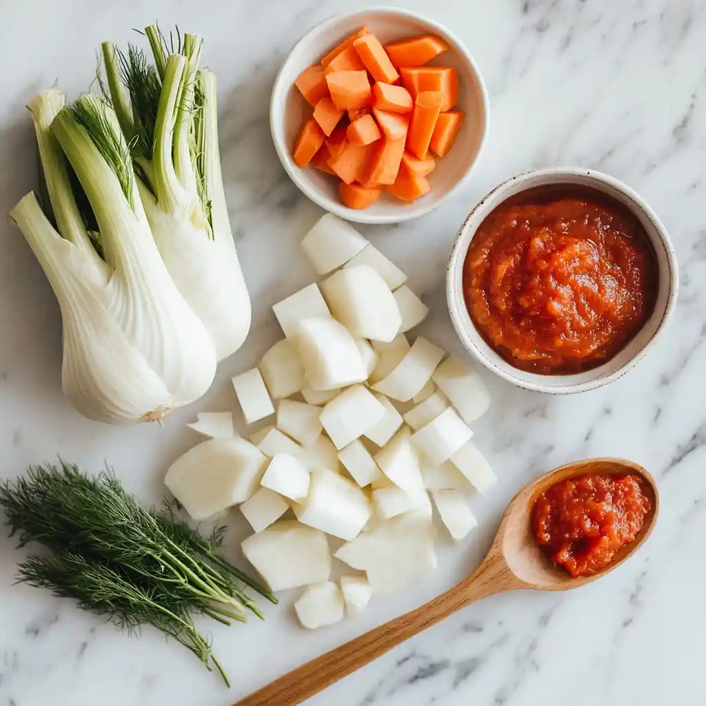 Low FODMAP slow cooker fennel beef stew 3 Fresh ingredients for Low FODMAP slow cooker fennel beef stew on marble surface