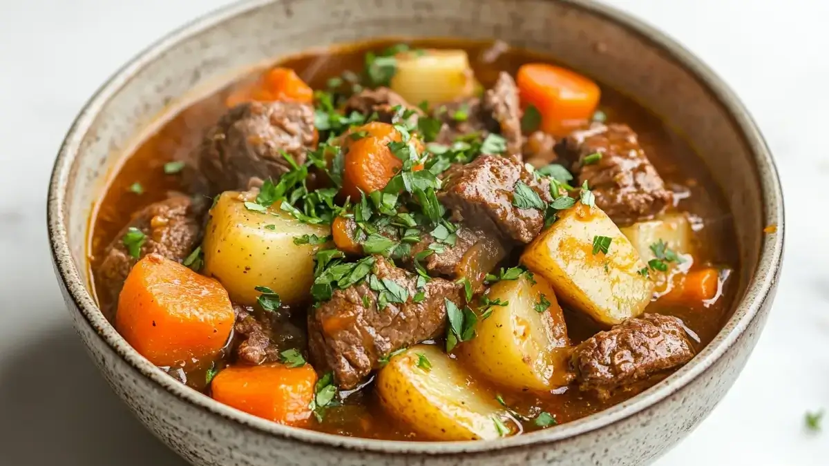 Low-FODMAP Slow-Cooker Recipe Beef and Potato Stew 6 Bowl of Low-FODMAP Slow-Cooker Beef and Potato Stew with carrots, potatoes, and parsley