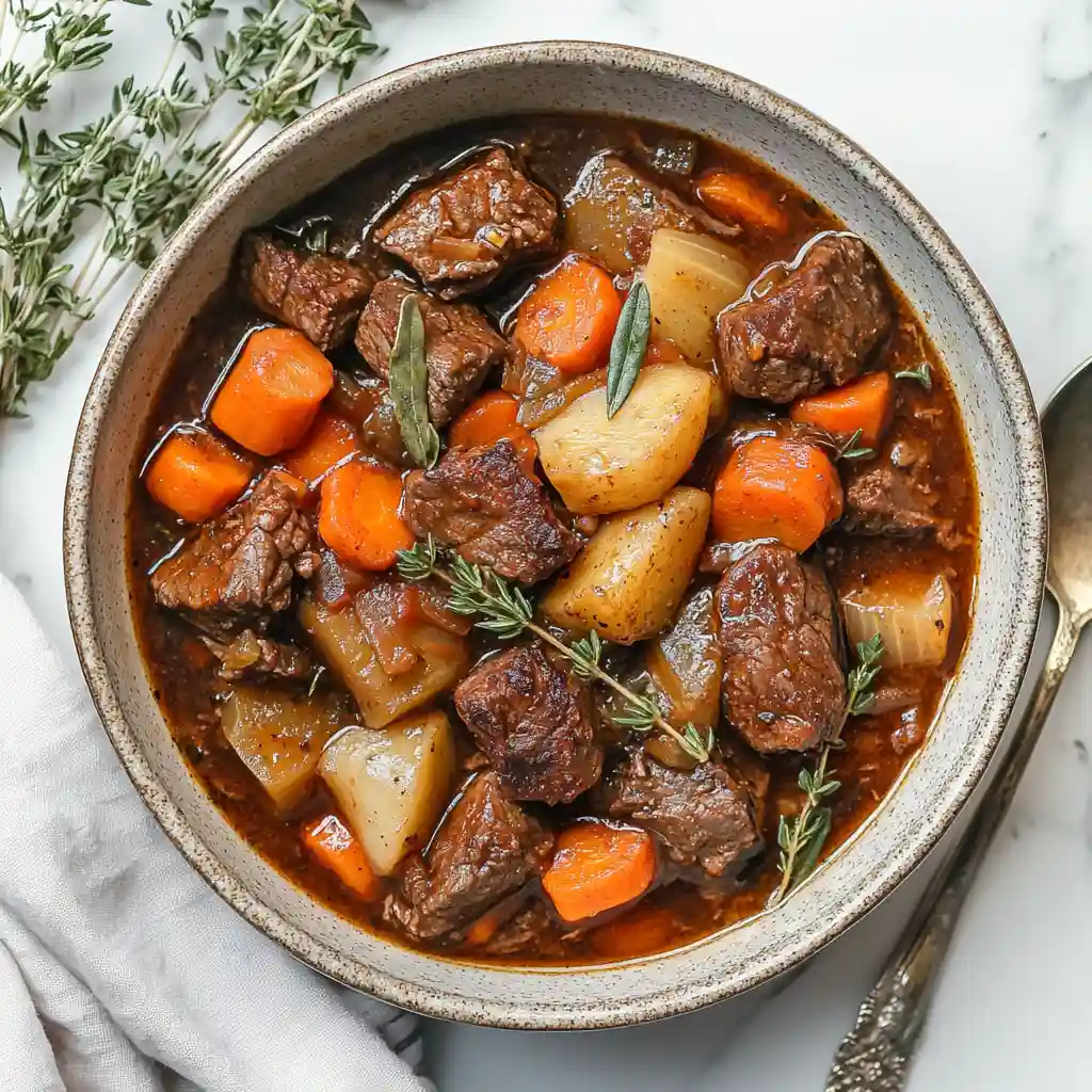 Low FODMAP slow cooker fennel beef stew 5 Low FODMAP slow cooker fennel beef stew served in a rustic ceramic bowl