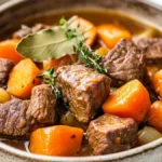 Close-up of Low FODMAP slow cooker fennel beef stew with carrots and tender beef in broth