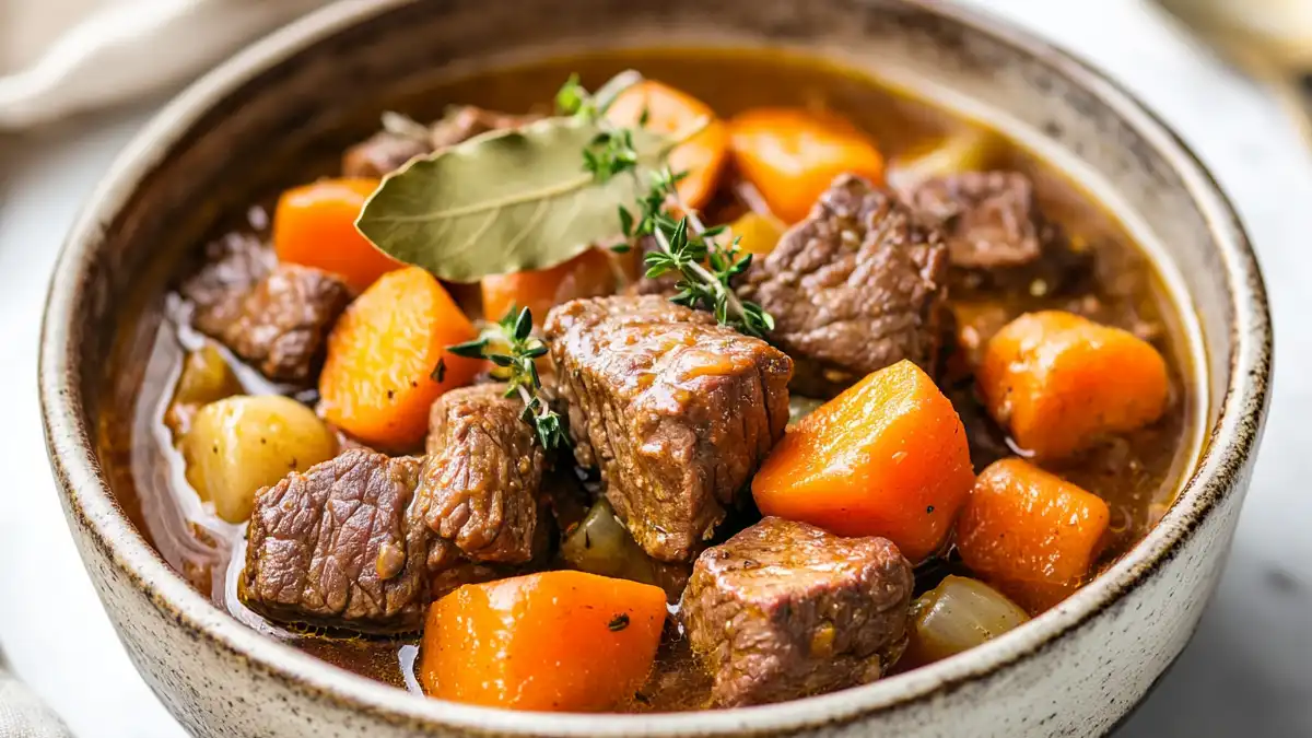 Close-up of Low FODMAP slow cooker fennel beef stew with carrots and tender beef in broth