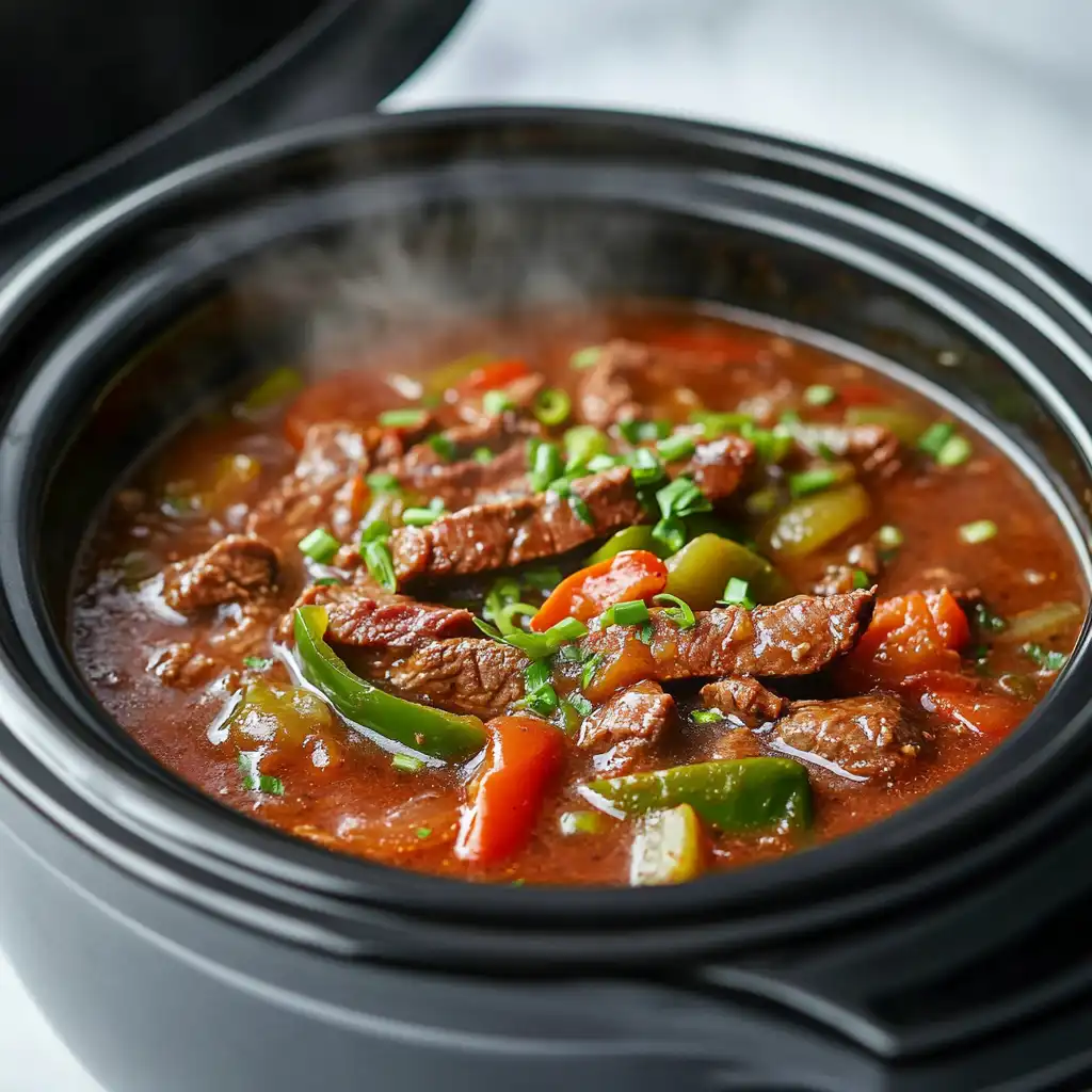 Low FODMAP Crockpot Steak & Peppers: Easy, Flavorful, Gut-Friendly 4 Close-up of Low FODMAP Slow Cooker Steak and Peppers cooking in a black crockpot with steam rising