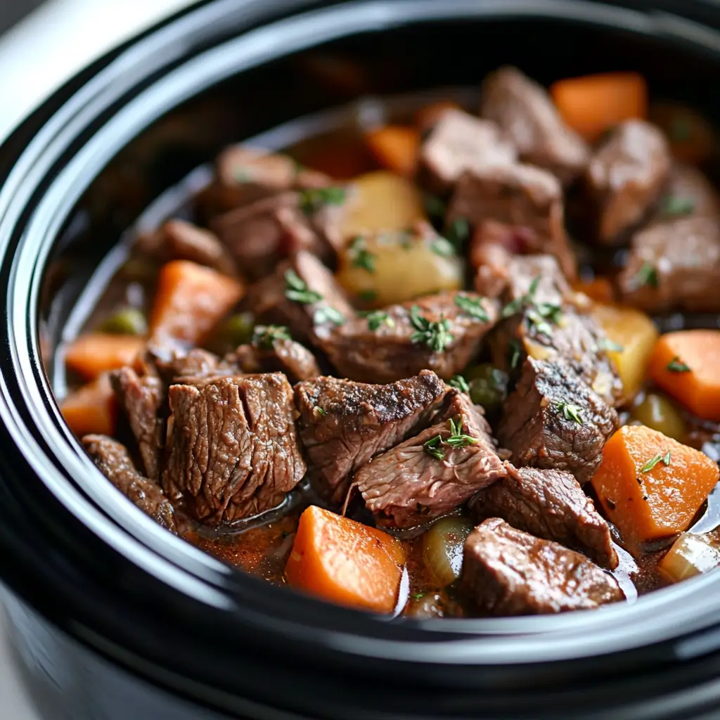 Low-FODMAP Slow-Cooker Recipe Beef and Potato Stew 4 Seared beef with carrots and potatoes in black slow cooker