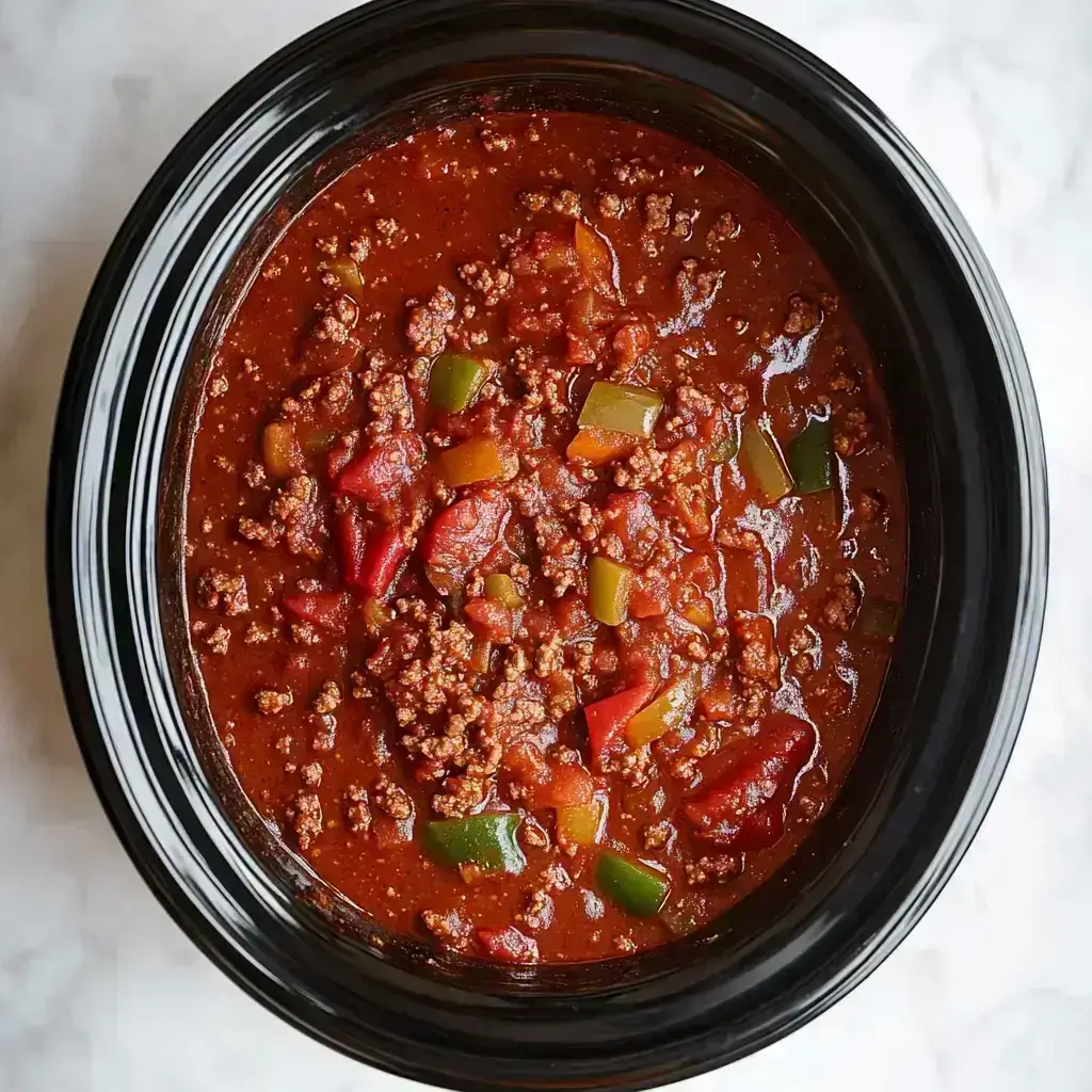 No Bean Chili Slow Cooker Recipe – Easy, Hearty & Flavor-Packed 4 top-down view of no bean chili in oval slow cooker on white marble. No Bean Chili slow cooker recipe