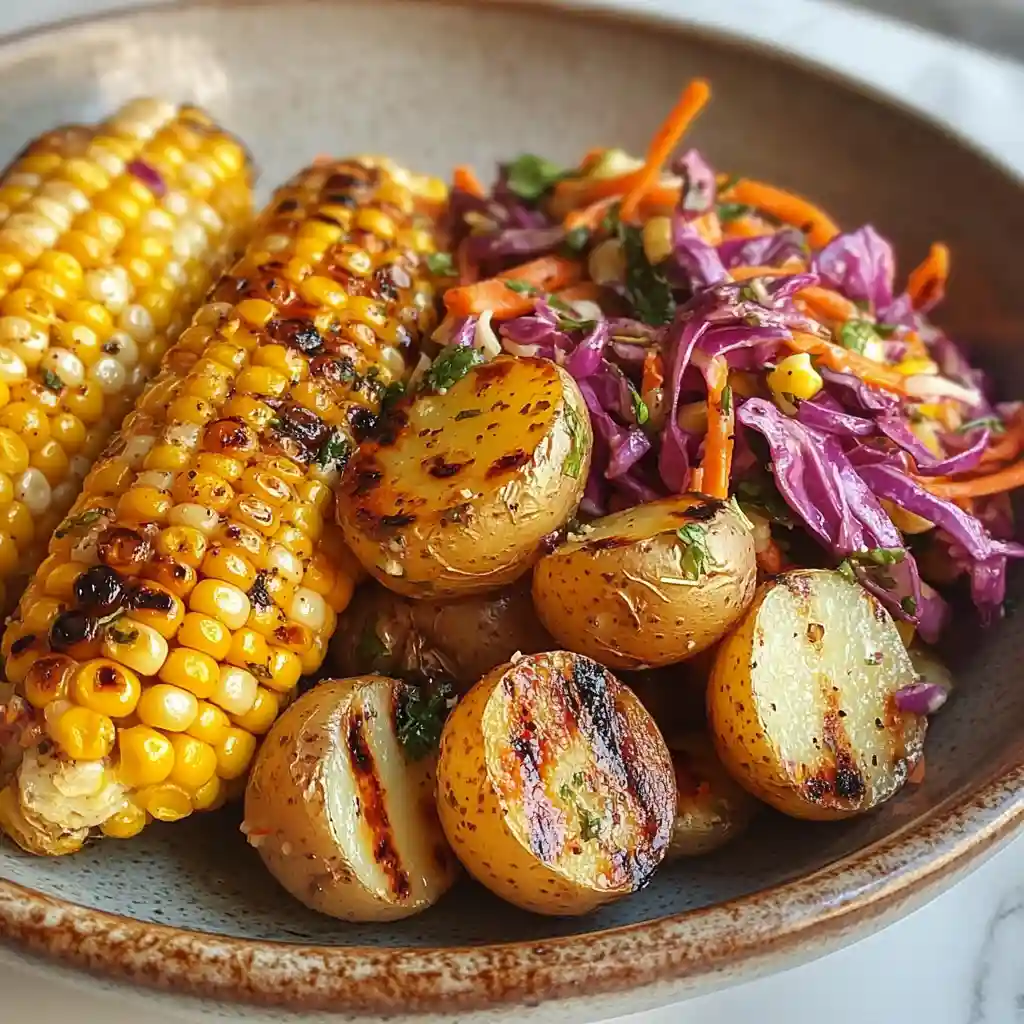 Best Sides & Drinks to Pair with Summer Slow Cooker Meals 4 Grilled corn, roasted baby potatoes, and slaw served as slow cooker summer sides