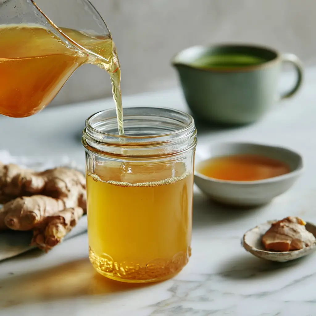 Super Drink for Weight Loss: The Ultimate Daily Fat-Burning Boost 4 pouring ginger detox drink into a mason jar for weight loss