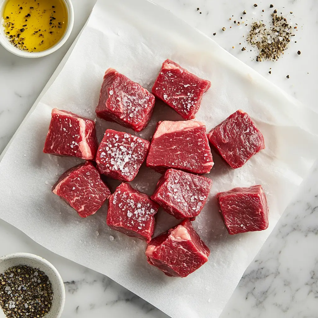 Crockpot Garlic Butter Steak Bites: A Simple, Flavor-Packed Favorite 2 Raw cubed steak seasoned with salt on white marble countertop