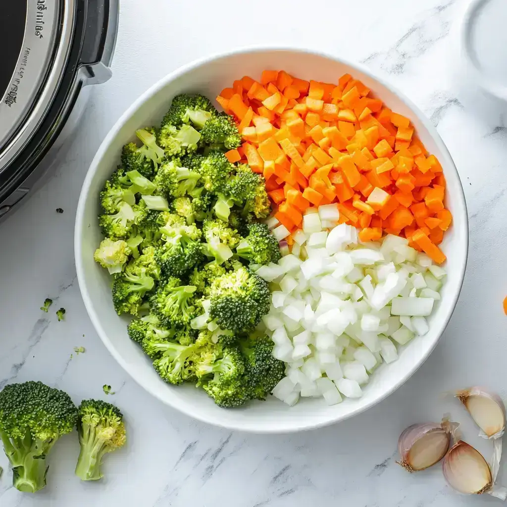 Cheddar and Broccoli Soup Slow Cooker – Cozy, Creamy, and So Easy 2 chopped broccoli, diced carrots, and onion for cheddar and broccoli soup slow cooker