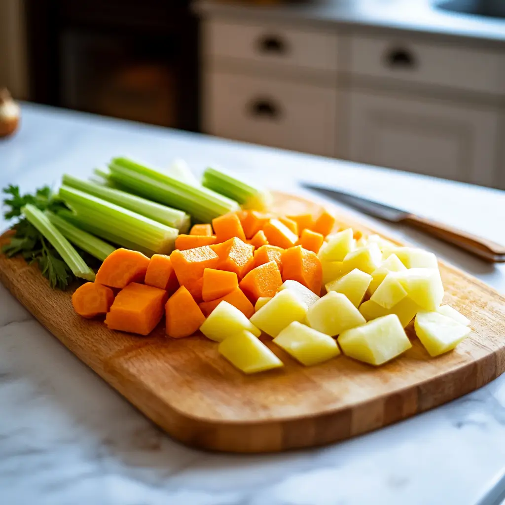 Low-FODMAP Slow-Cooker Recipe Beef and Potato Stew 3 Chopped potatoes, carrots, and celery on cutting board