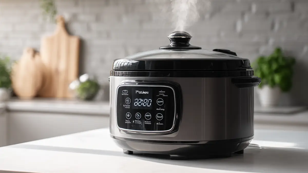 Programmable slow cooker releasing steam on white kitchen countertop