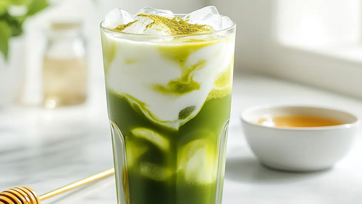 Cold Matcha Tea with creamy milk swirl served in a tall glass