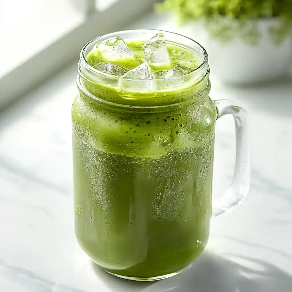 Matcha Tea Benefits: 7 Powerful Health Effects You Need to Know 2 Iced matcha tea in a mason jar with ice cubes on a white marble countertop