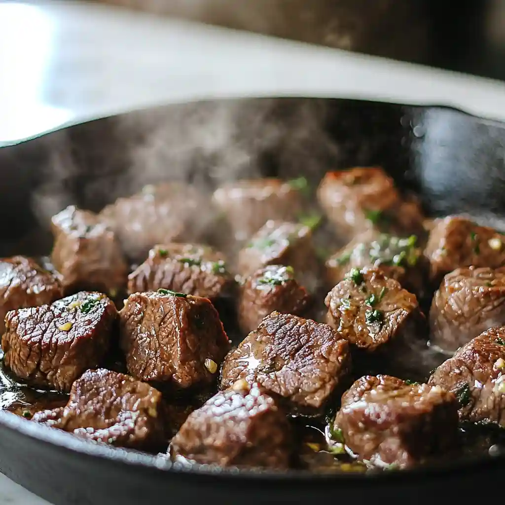 Low FODMAP Easy Peasy Beef Stew (Slow Cooker Friendly) 2 close-up of beef cubes searing in garlic oil for low FODMAP beef stew