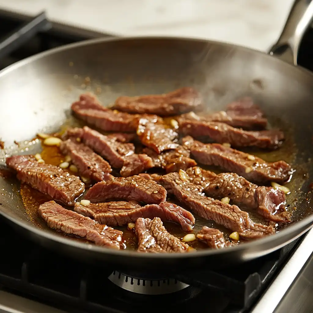 Low FODMAP Crockpot Steak & Peppers: Easy, Flavorful, Gut-Friendly 2 Searing steak strips for Low FODMAP Slow Cooker Steak and Peppers in a skillet