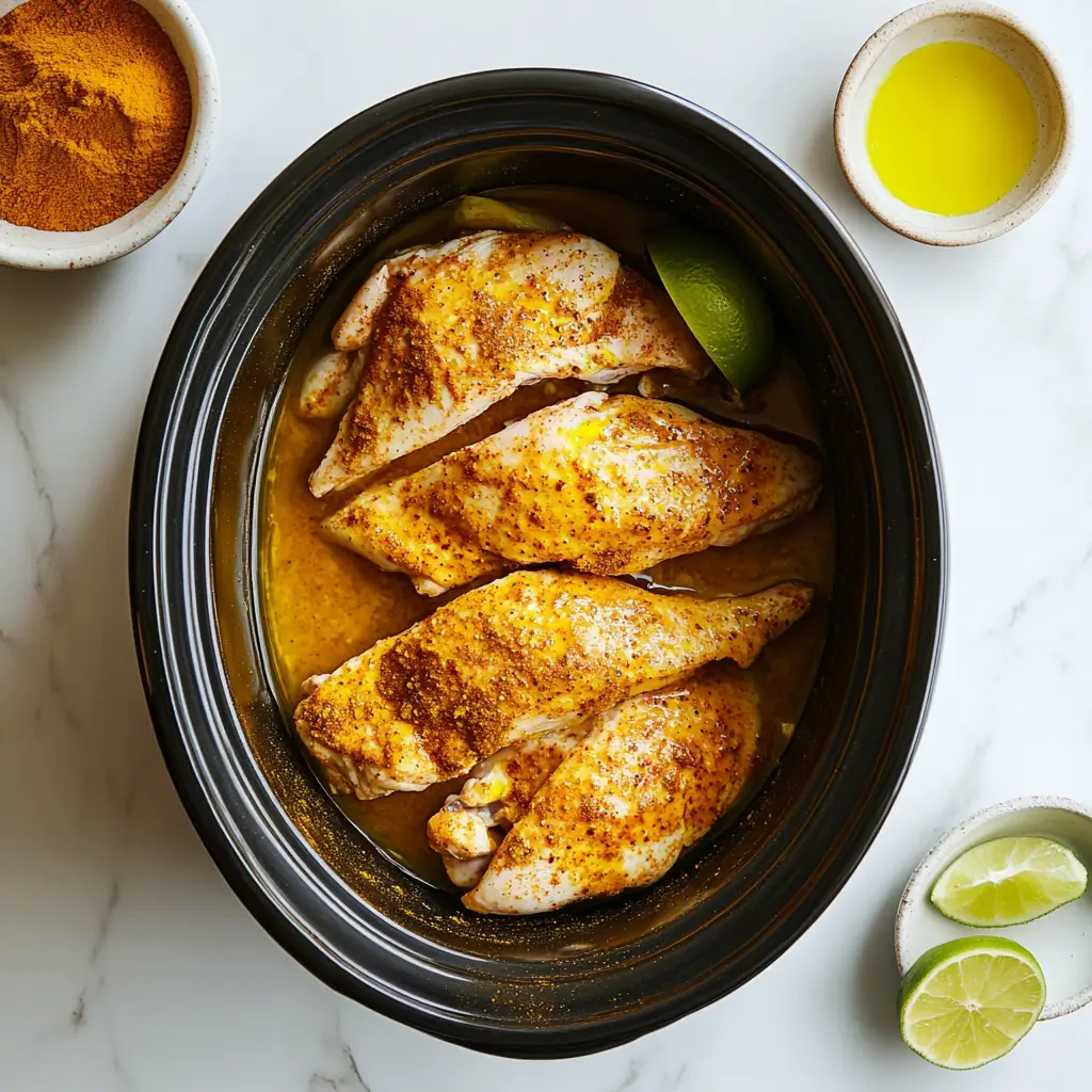 Slow Cooker Shredded Chicken Tacos Recipe: Easy, Juicy & Flavor-Packed 2 black oval slow cooker with large seasoned chicken fillets, lime, and spices