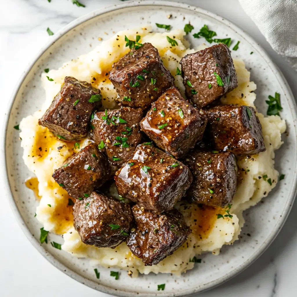 Crockpot Garlic Butter Steak Bites: A Simple, Flavor-Packed Favorite 5 Garlic butter steak bites served on mashed potatoes with parsley