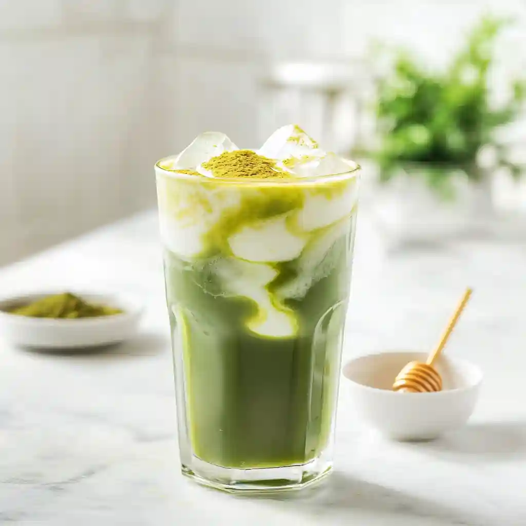 How to Make Cold Matcha Tea – Simple and Refreshing Recipe 5 Cold matcha tea with milk swirl and ice served in a tall glass