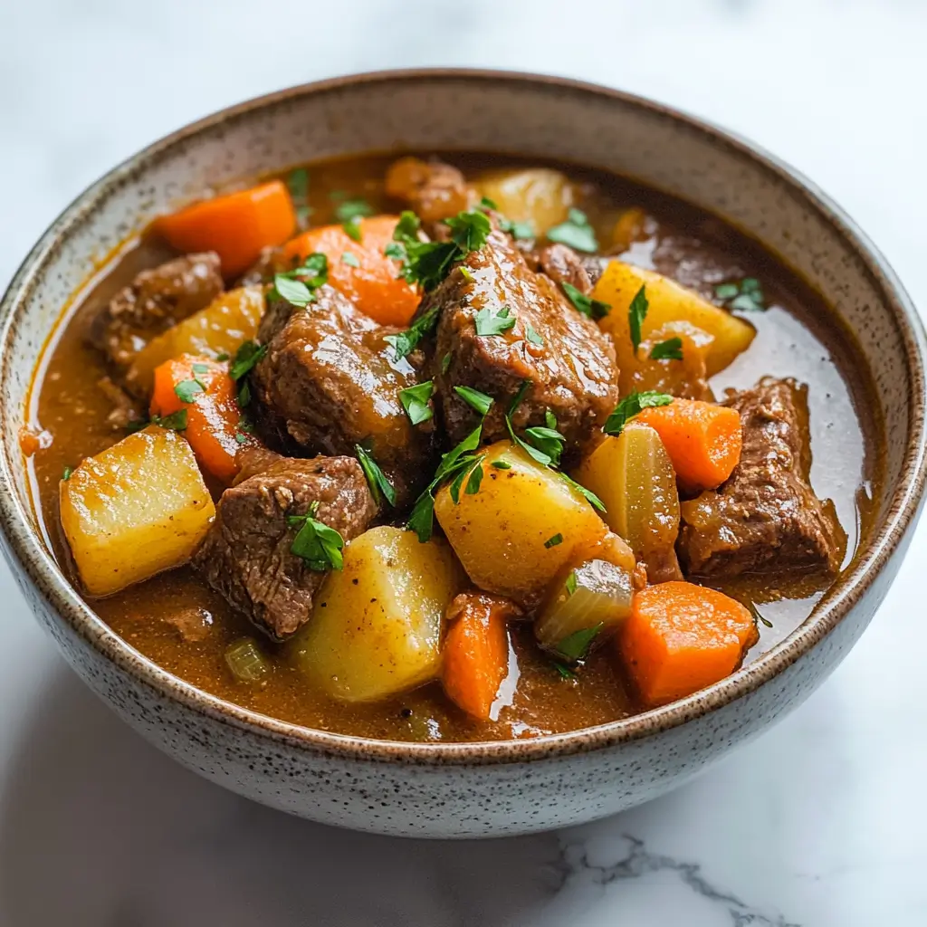Low-FODMAP Slow-Cooker Recipe Beef and Potato Stew 5 Bowl of Low-FODMAP beef and potato stew with parsley