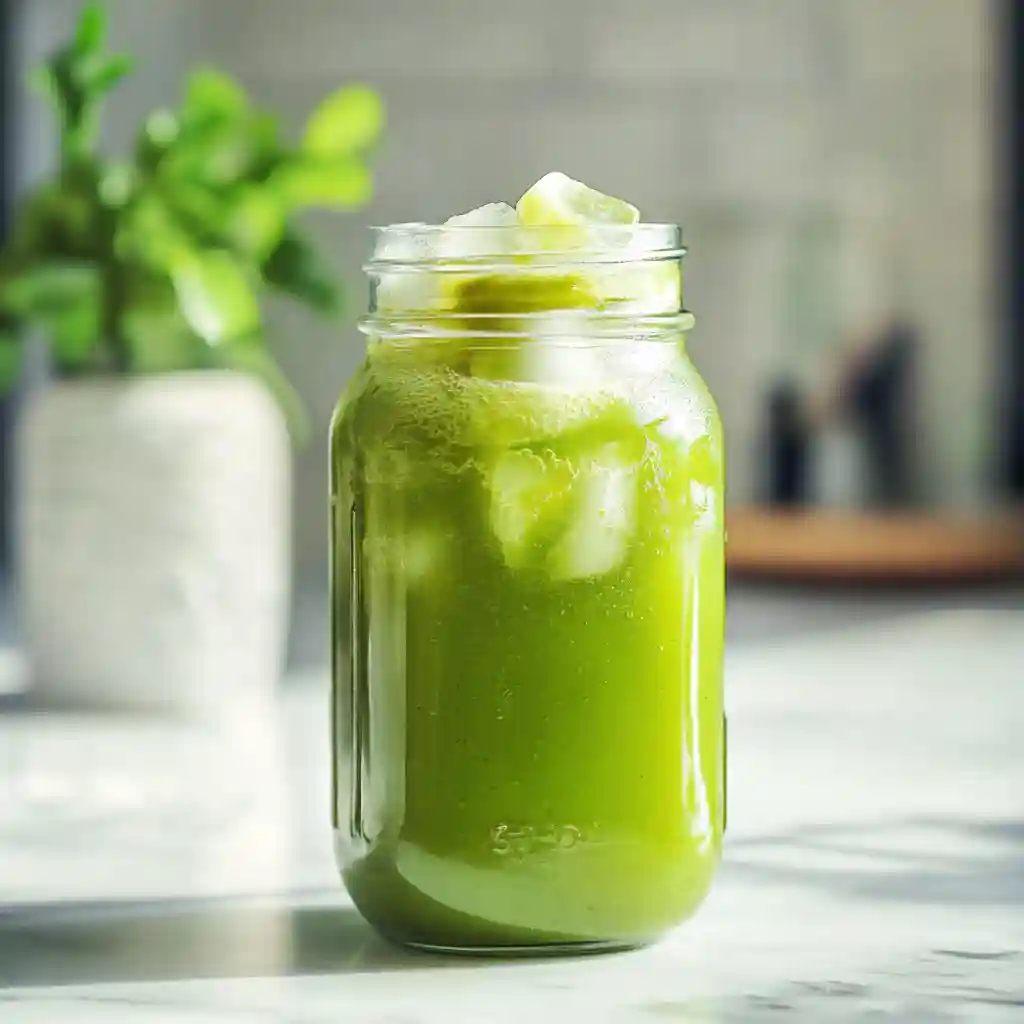 How to Make Cold Matcha Tea – Simple and Refreshing Recipe 4 Glass mason jar filled with iced cold matcha tea on a marble surface