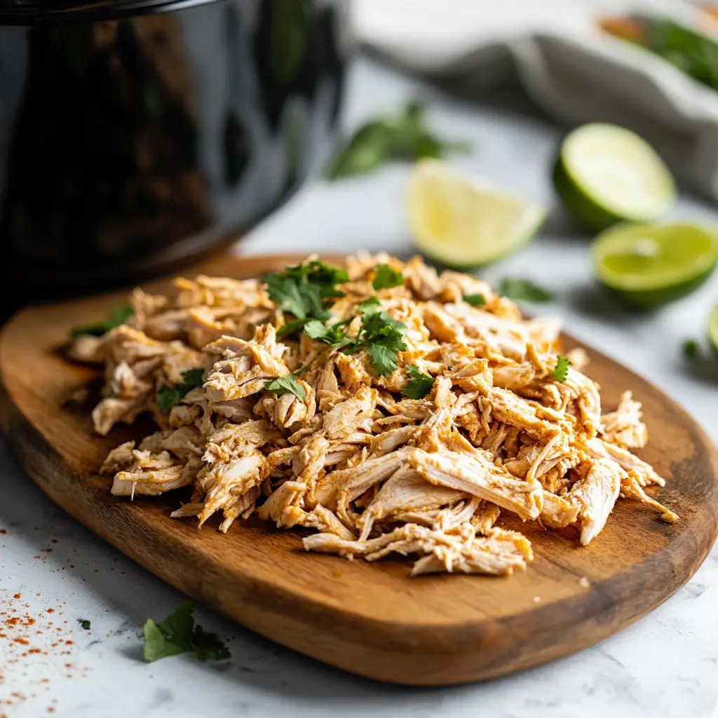 Slow Cooker Shredded Chicken Tacos Recipe: Easy, Juicy & Flavor-Packed 4 shredded chicken on cutting board beside black slow cooker with lime and cilantro