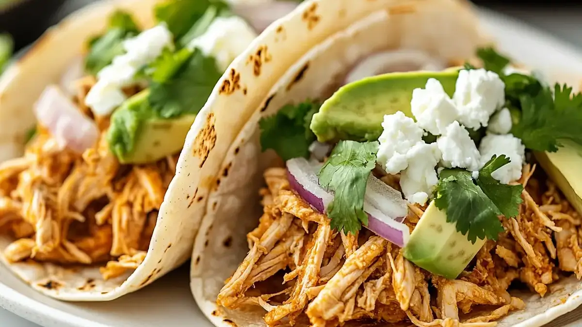 Slow Cooker Shredded Chicken Tacos Recipe: Easy, Juicy & Flavor-Packed 6 close-up of Slow Cooker Shredded Chicken Tacos with avocado, queso fresco, onion, and cilantro in soft tortillas