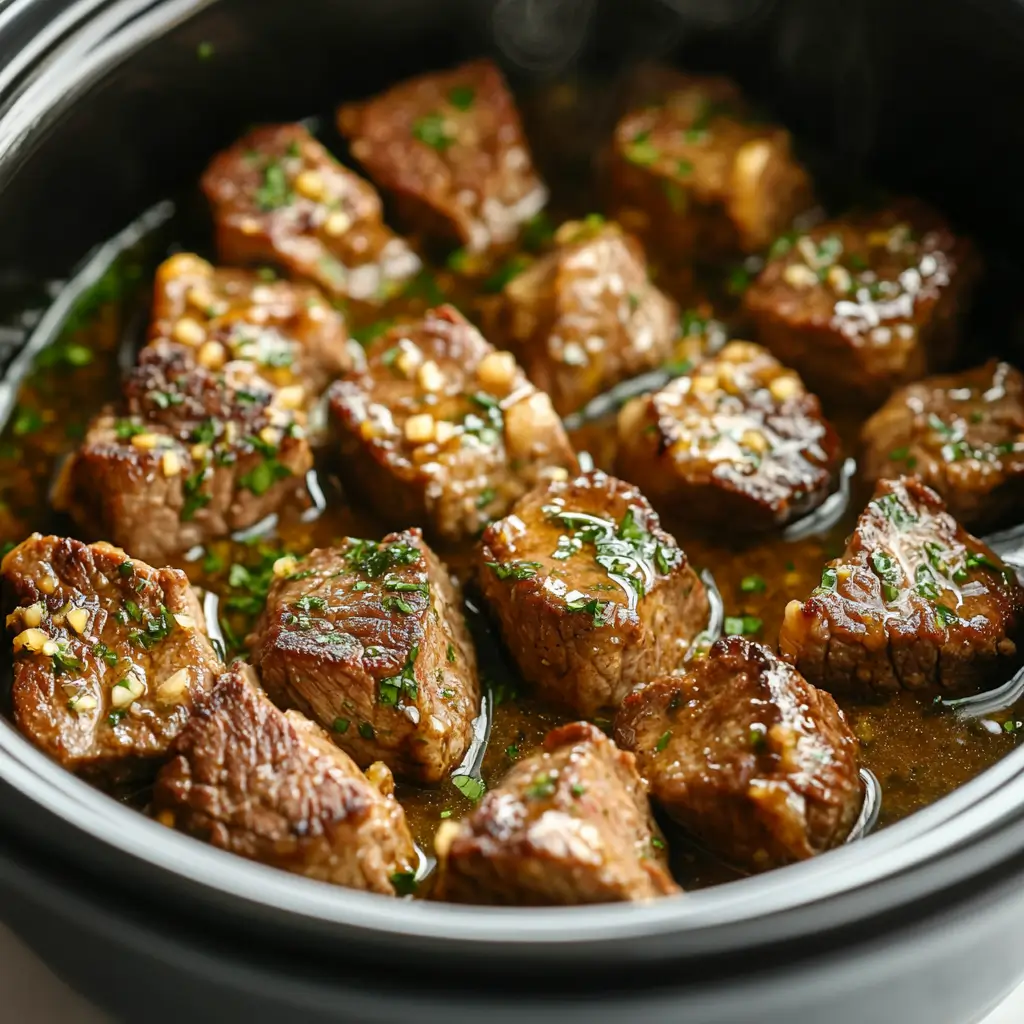 Crockpot Garlic Butter Steak Bites: A Simple, Flavor-Packed Favorite 4 Close-up of garlic butter steak bites cooking in black oval slow cooker