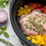 Slow cooker summer tips with chicken, bell peppers, cherry tomatoes, and fresh herbs