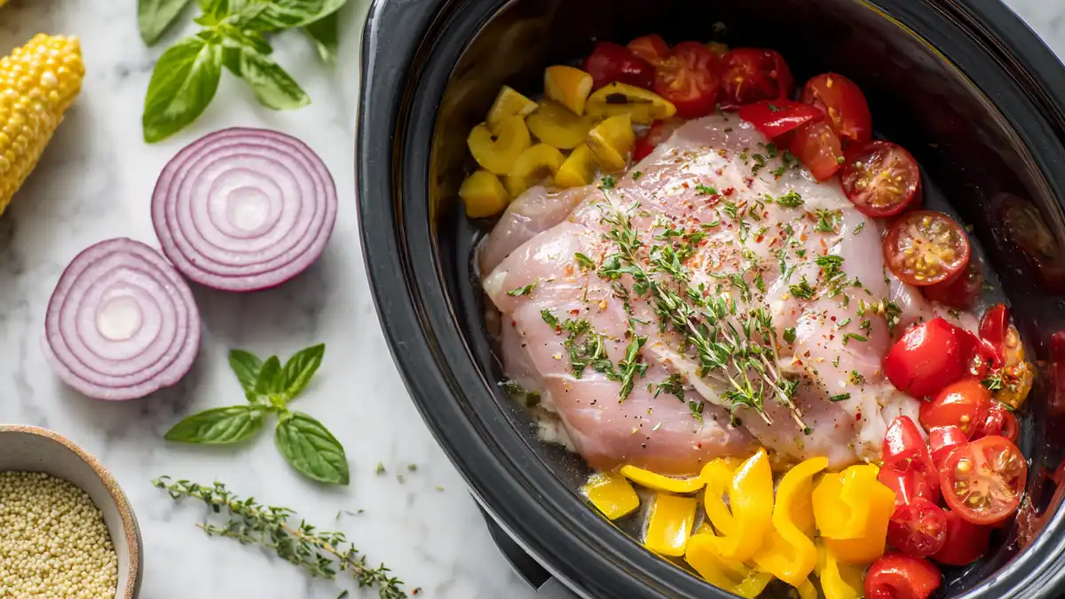 Slow cooker summer tips with chicken, bell peppers, cherry tomatoes, and fresh herbs