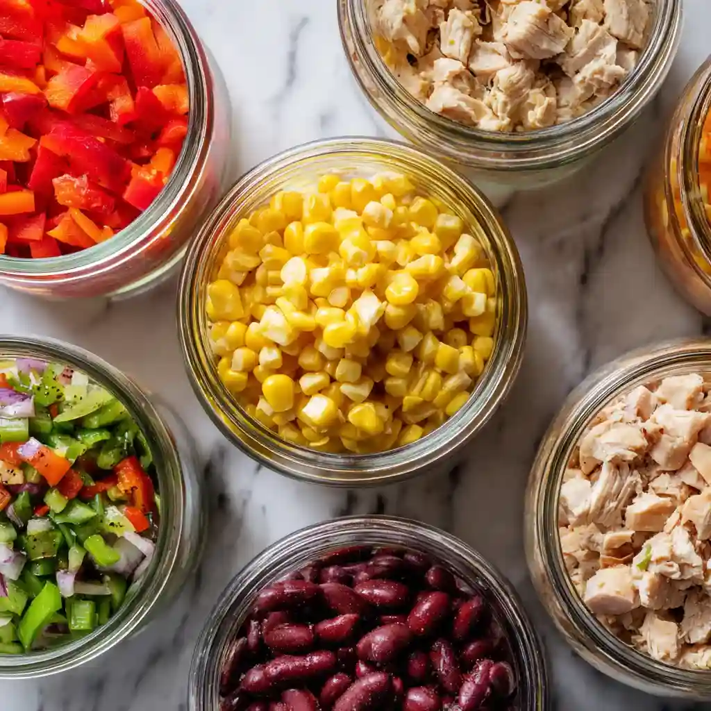 How to Use a Slow Cooker Efficiently in Summer 3 Summer slow cooker meal prep with colorful ingredients in glass jars on marble countertop